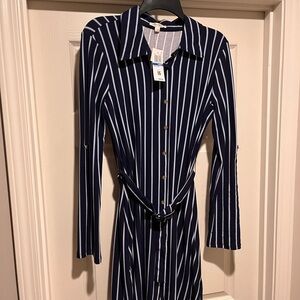 Macy's Blue Long Sleeve Shirt Dress with Notched Collar